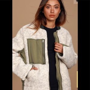Free People Olive Green and Ivory Sherpa Jacket